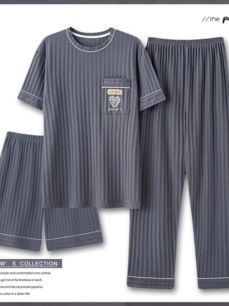 남성 패션 여름 3 피스 잠옷 세트 짧은 소매 라운드 칼라 코튼 홈웨어 플러스 사이즈 5XL 반바지 Loungewear Pijamas