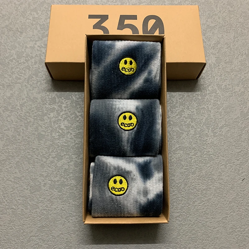 Socks Men's Street Tie-dye Stockings Smiling Face Embroidery Cotton Harajuku Fashion Hip Hop Skateboard Long Socks Gift 3 Pairs/ 11