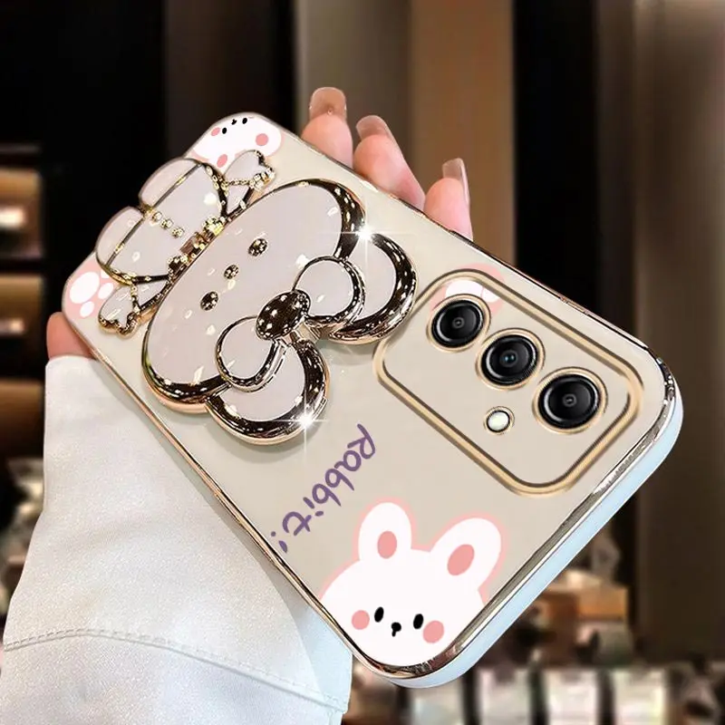 Elegant Diamond Wrist Strap Phone Holder Case with Rabbit Design and Stand Functionality