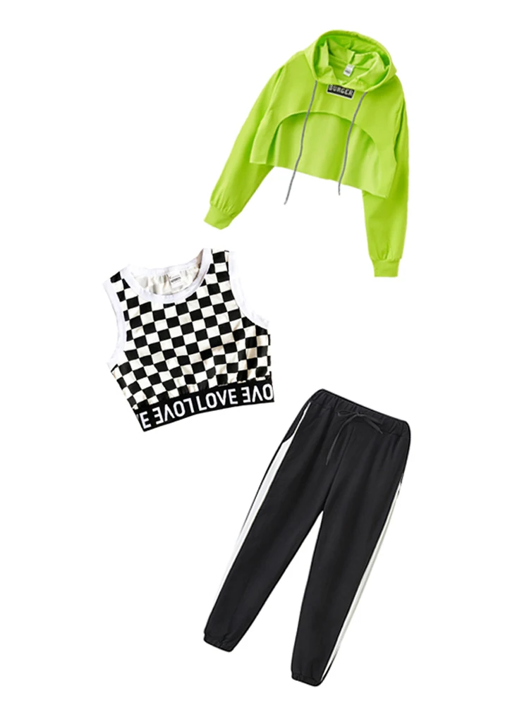 Kids Hip Hop Clothing Girls Modern Jazz Dance Costume Green Long Sleeves Tops Black Pants Streetwear Concert Stage Outfit BL9011