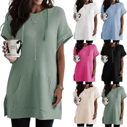 2024 New Summer Oversized Elegant Fashion Women's Casual Split Pullover Solid Pockets Lengthen O Neck Short Sleeve Y2K Chic Tops