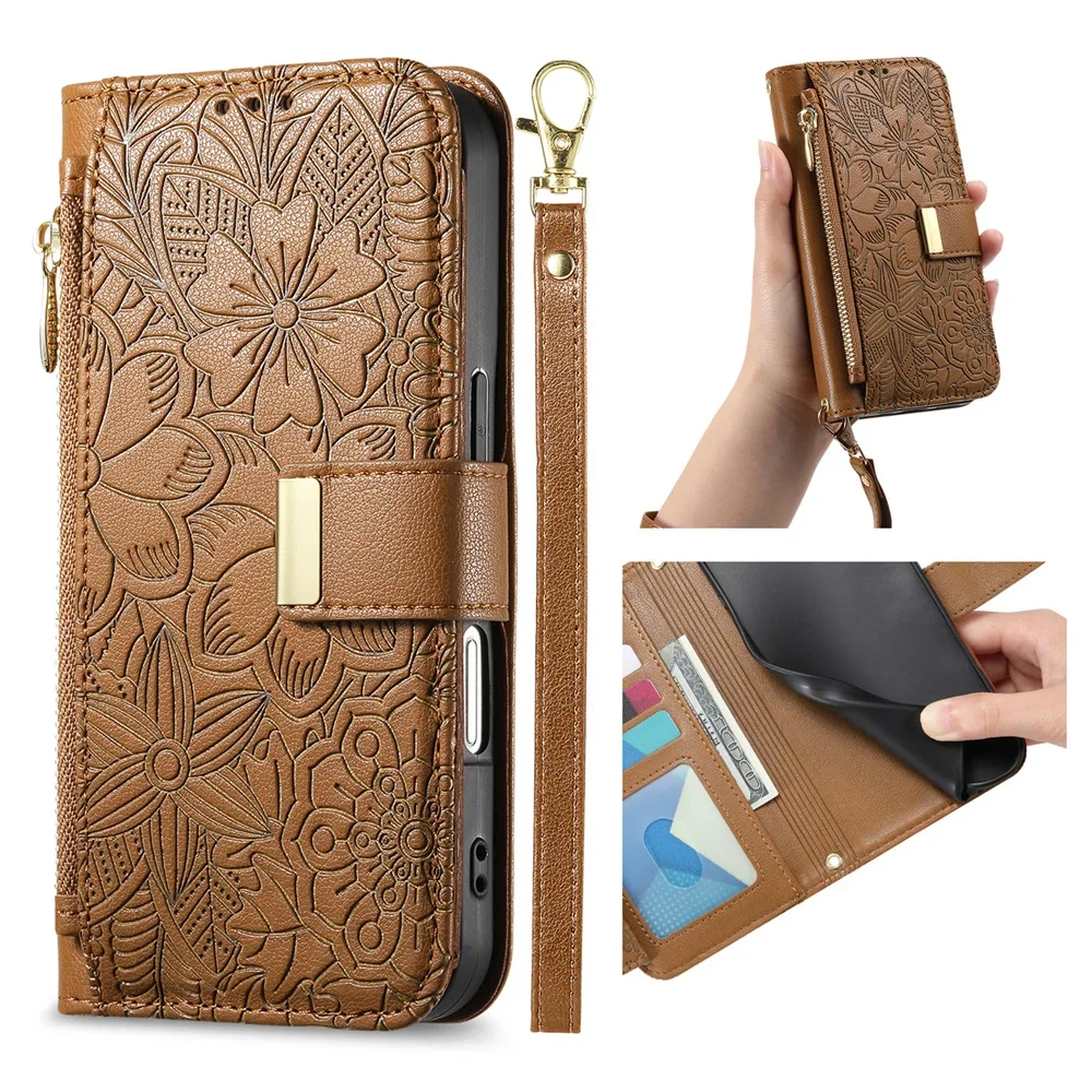 Leather Wallet Phone Case with Wrist Strap and Card Slots - Zipper Flip Design and Protective Cover