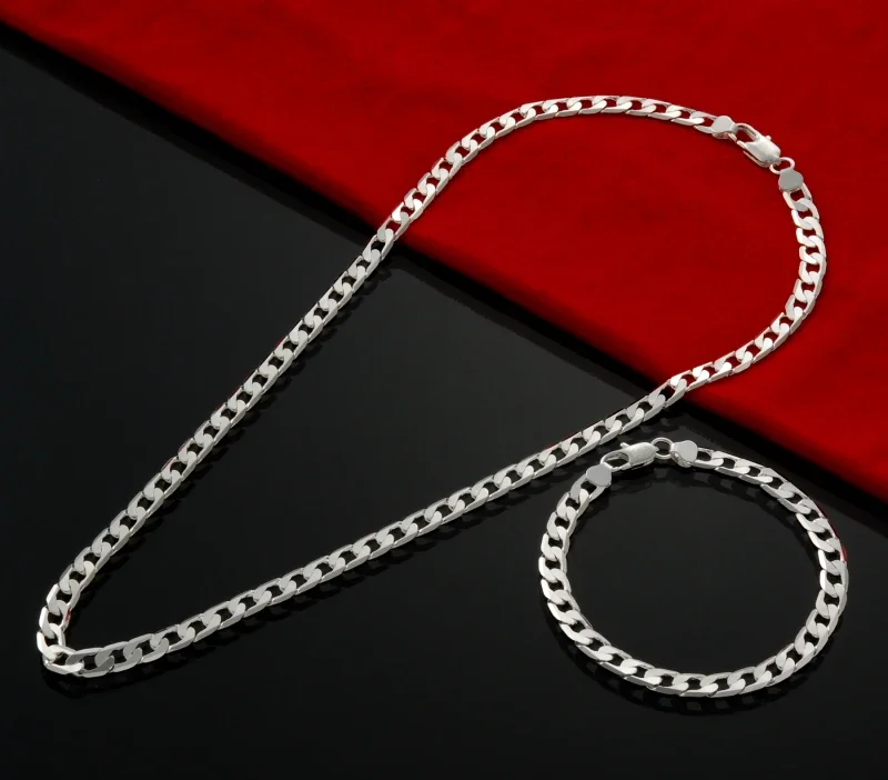 Jewelry Set Silver Jewelry Silver Jewelry Set 925 Sterling silver 6MM geometry Chain Bracelets necklaces for women man Fashion party wedding accessories gifts