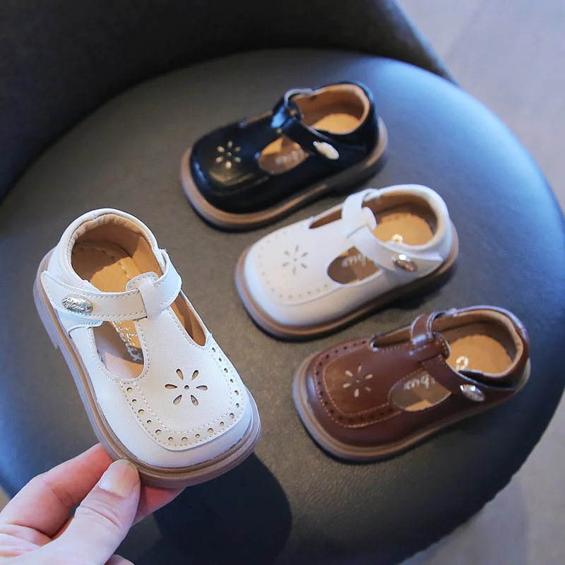 

Spring Autumn New Children's Hollow Leather Shoes Solid Color Fashion T-strap Girls Flats Single Shoes