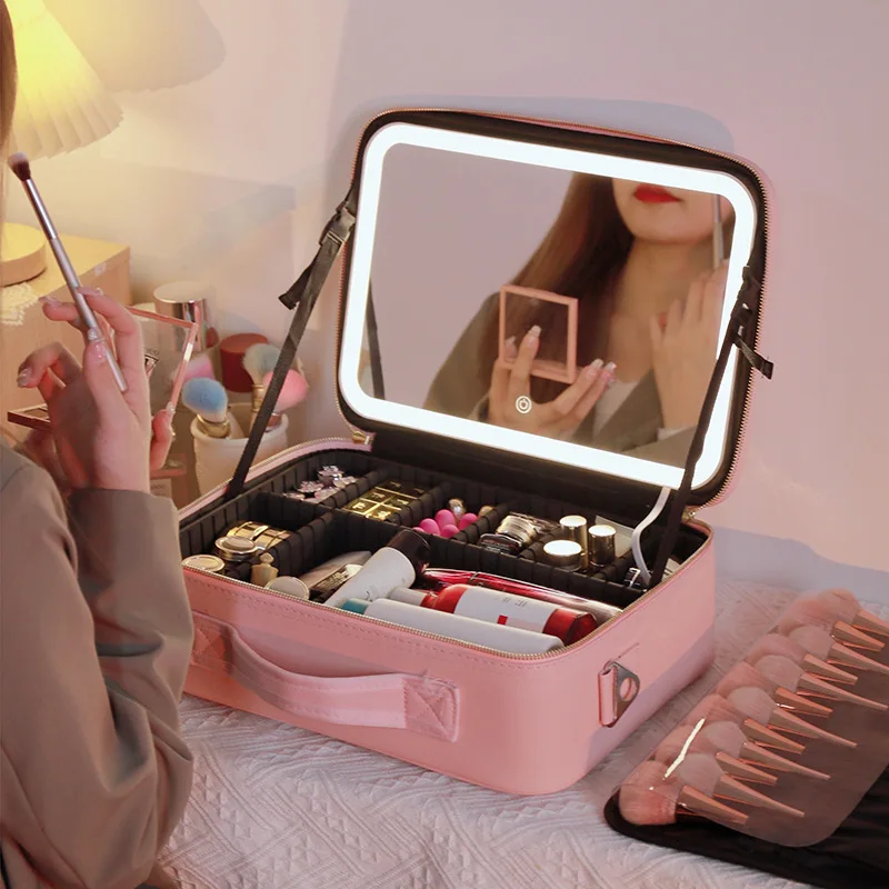 Smart LED Makeup Bag With Mirror Lights Large Capacity Professional  Cosmetic Case For Women Travel Organizers Beauty Kit Storage