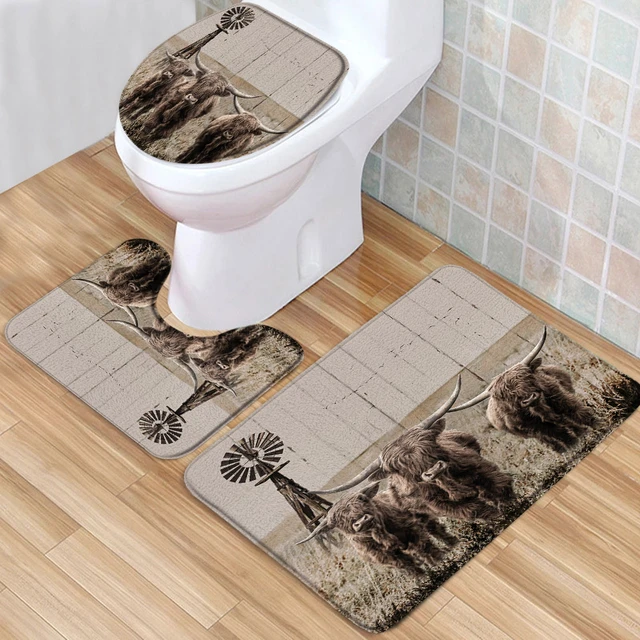 Cow Bath Mat Set Funny Rustic Wooden Farmhouse Highland Western Animal Low  Pile Flannel Bath Rug Toilet Cover U-Shaped Carpet