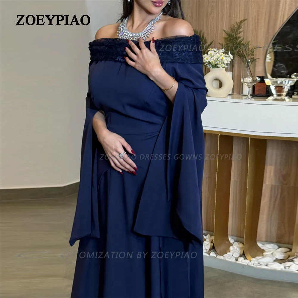 Navy Blue Off Shoulder Saudi Arabic Women Prom Dresses Evening Gown Dubai Satin Lace Strapless Plus Size Formal Dress 2024 long cape evening dress navy blue off shoulder beading velvet mermaid plus size arabic formal prom gown vestidos de feast