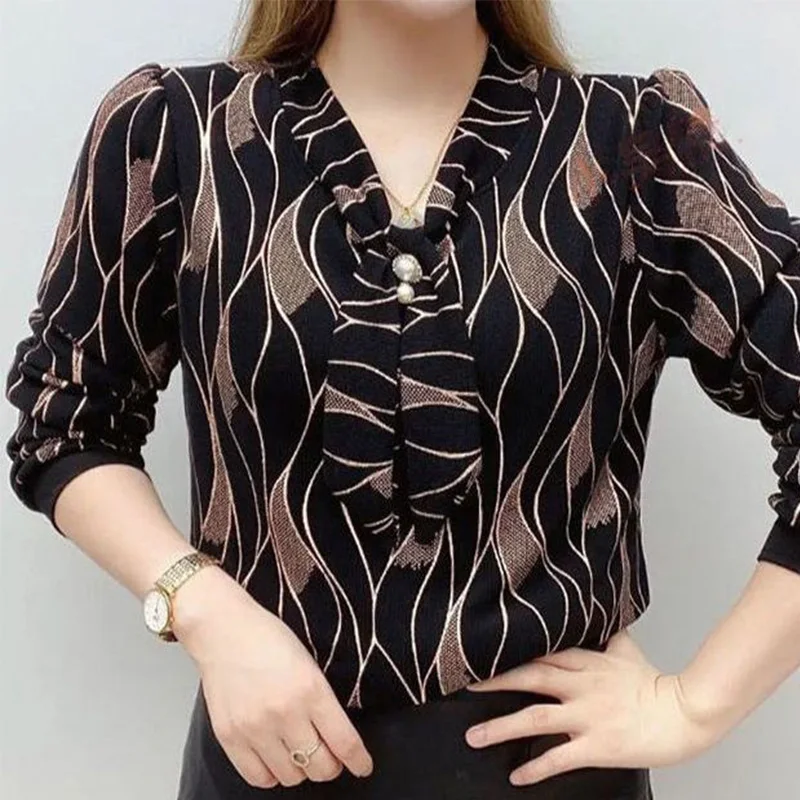 Summer Office Lady Loose Casual Retro Elegant Fashion Women's Shirt High Waist Print Chiffon Scarf Collar Long Sleeve Chic Tops