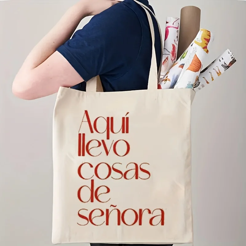 Chic Canvas Tote Bag with Double-Sided Aqui Llevo Design - Durable, Fashionable, and Fade-Resistant
