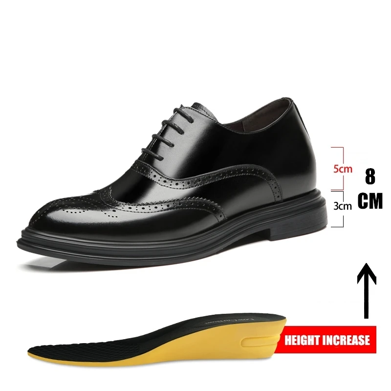 

Men Brogue Genuine Leather Shoes Man Oxford Dress Shoes Elevator Formal Shoes Platform High Heel 6/8 Cm Height Increase Casual