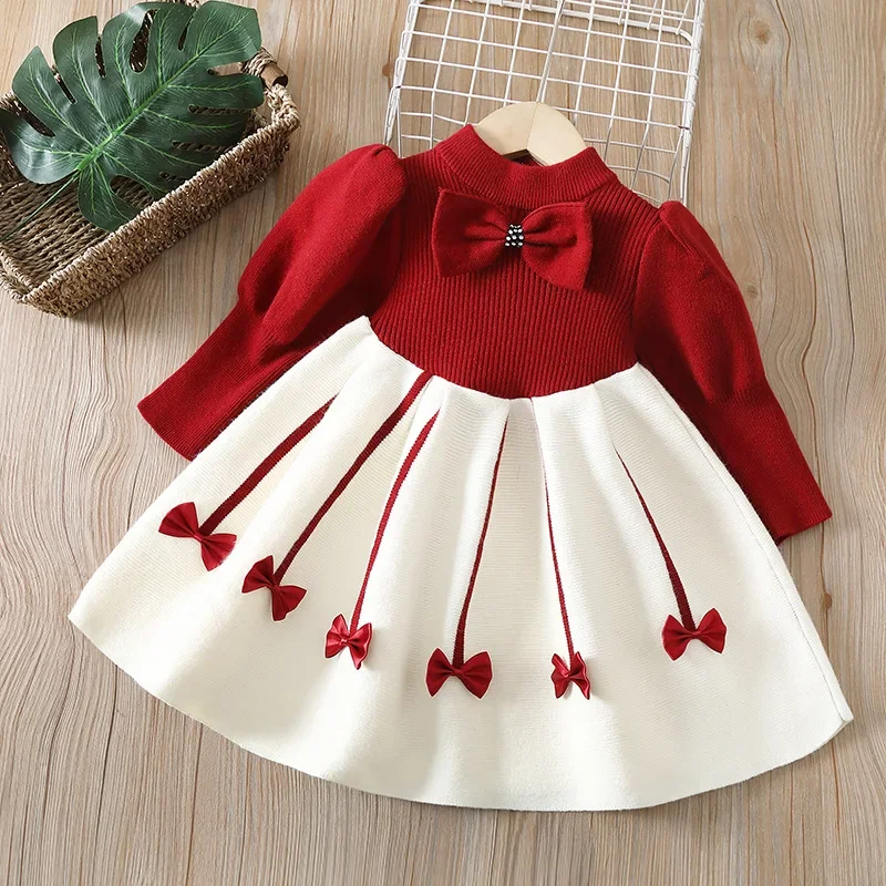 thumbnail image 1 of Spring New Girls' Knitted Sweater Dress 2-6 Y Sweet Bow Ruffled A-Line Dress for Girls Children's Clothing, 1 of 6