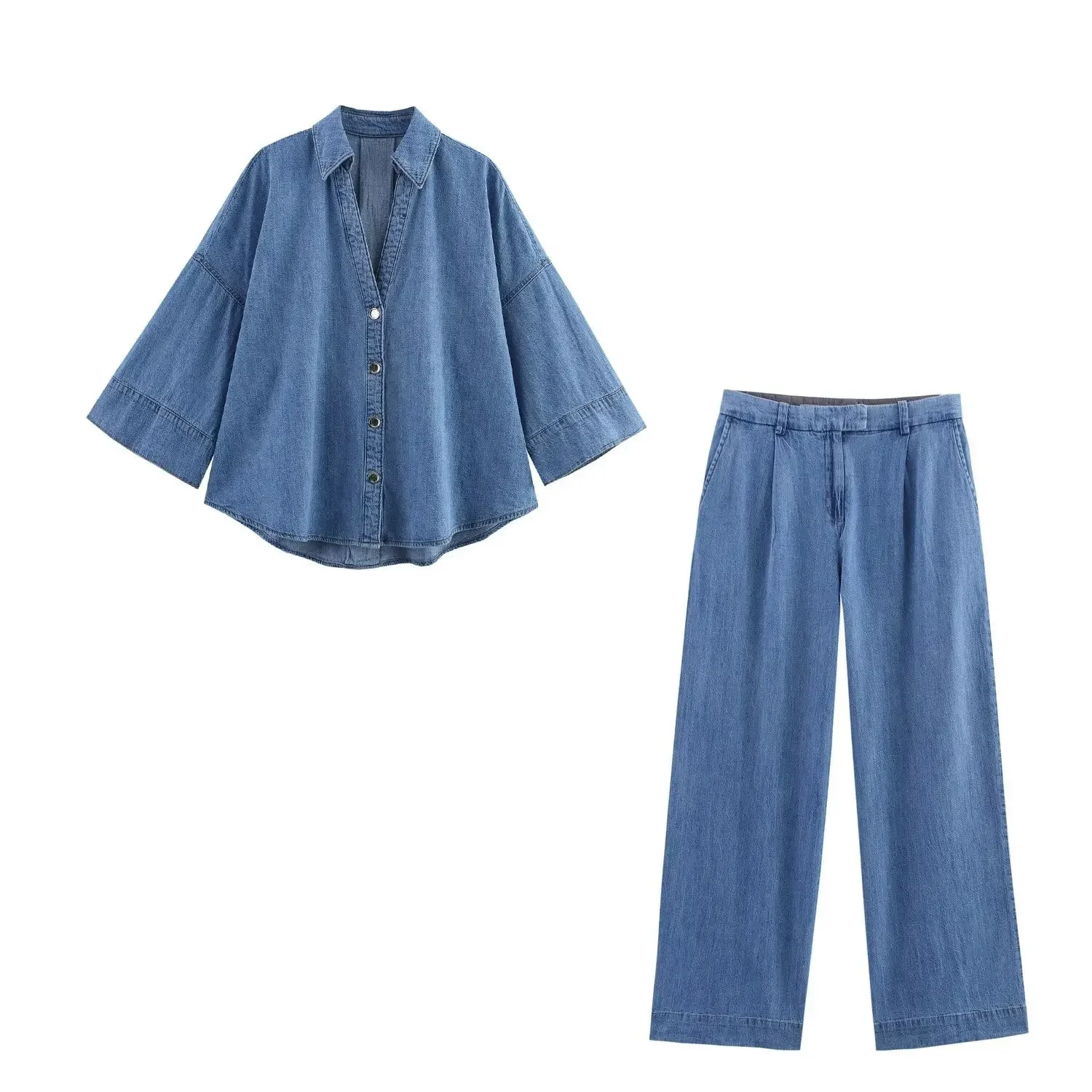 Denim Pants Outfit For Women 2 Pieces Spring Autumn Fashion Wide Sleeved Casual Shirt Women Suit Casual Two Piece Set Women