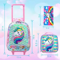 3PCS Rolling Backpack for Girls Kids Roller Wheels Bookbag  with Lunch Bag Pink Unicorn Glow-in-the-dark Function 3