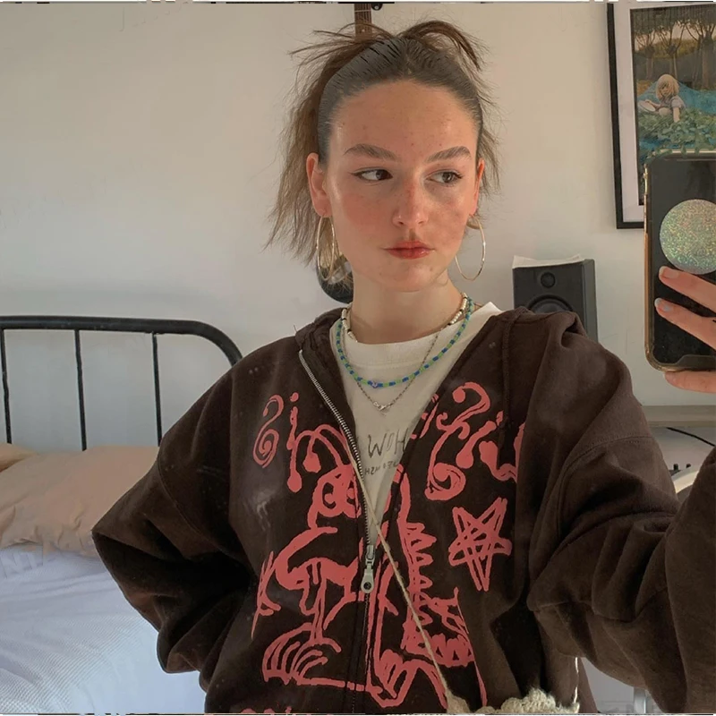 2022ZipupWomenGothicHoodiesVintageSolidBrownLongSleeve