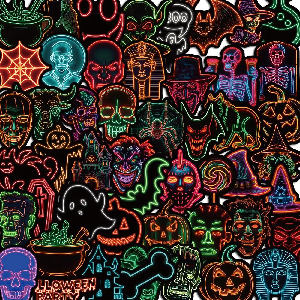 10/50PCS Neon Light Halloween Horror Stickers Pack DIY Skateboard Motorcycle Suitcase Stationery Decals Decor Phone Laptop Toys pack of 60 sheets halloween stationery paper 4 designs halloween border letter paper for halloween newsletter invitation