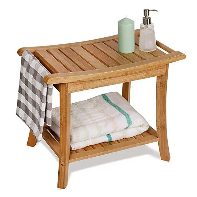 Bamboo Bathroom Stool Stable Shoe Bench Heavy-Duty Shower Organizer Multi-Purpose Bath Bench for Home Use