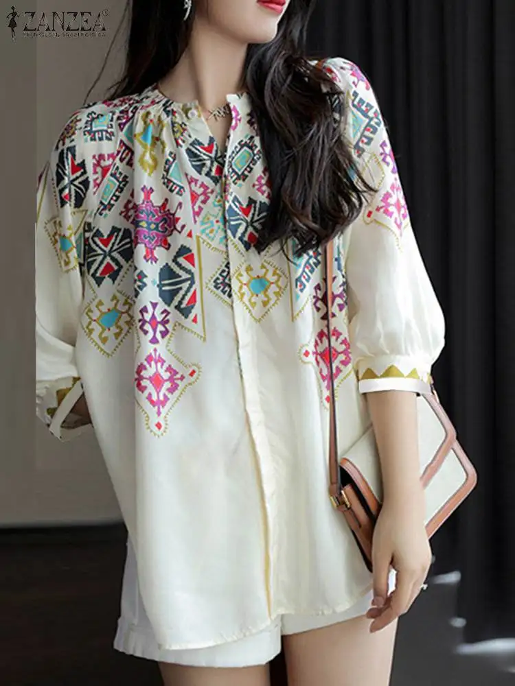 

ZANZEA Women Floral Printed Blouse 2023 Autumn 3/4 Lantern Sleeve Shirts Fashion O-Neck Pleating Tops Casual Loose Holiday Blusa