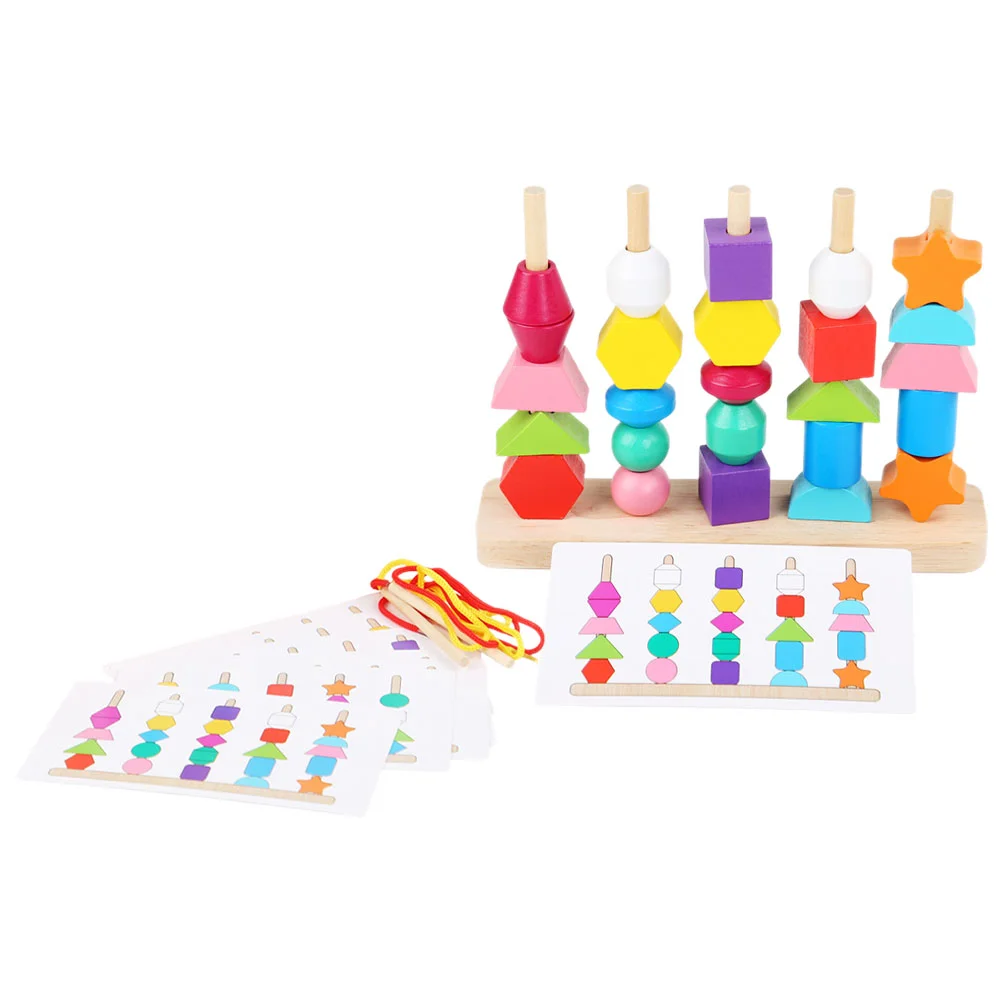 

Set of Column Toys Wooden Playset Matching Shape Stacker Lace up Bead Sequencing DIY Block Baby Lacing