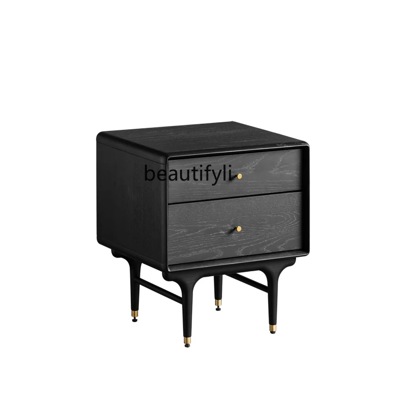

Nordic Solid Wood Bedside Cabinet Retro Style Oak Simple Modern Mid-Ancient Black Storage Cabinet