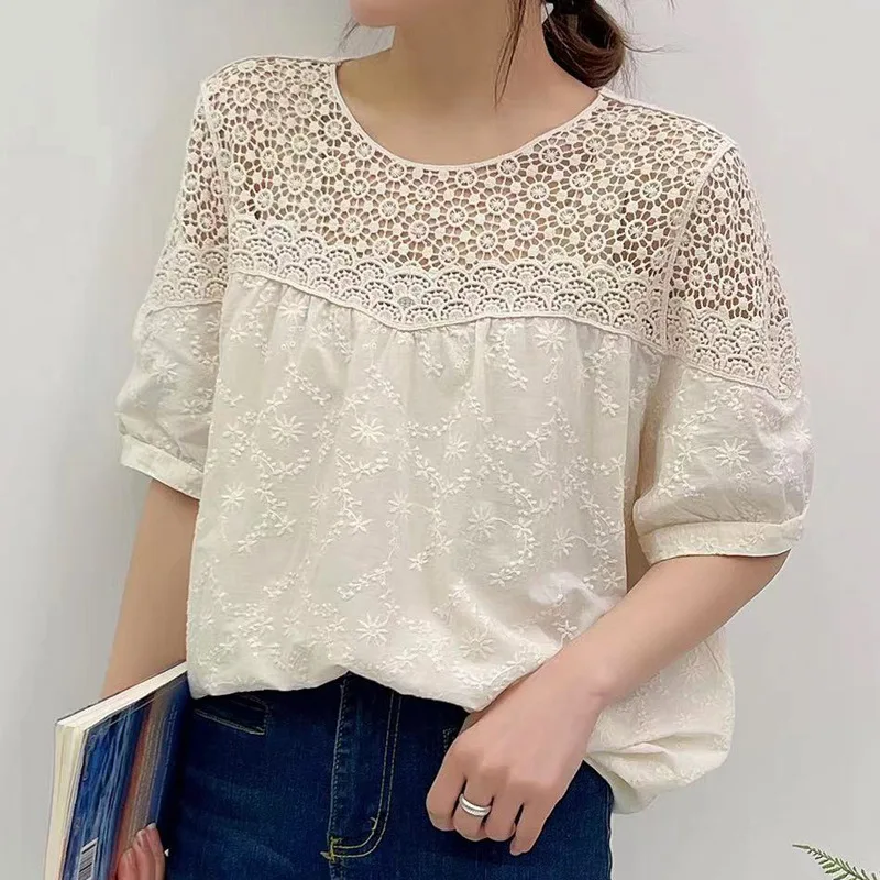

Pure Cotton Lace Stitching Shirt Women Short Sleeve Summer Loose Hollowed Out Lace T Shirt Womens Tops
