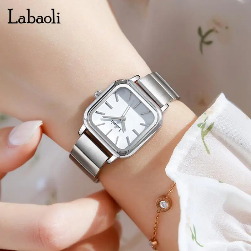 LABAOLI Women Minimalist Green Watches For Women Wristwatches Quartz Stainless Steel Square Silver Steel Ladies Wrist Watches