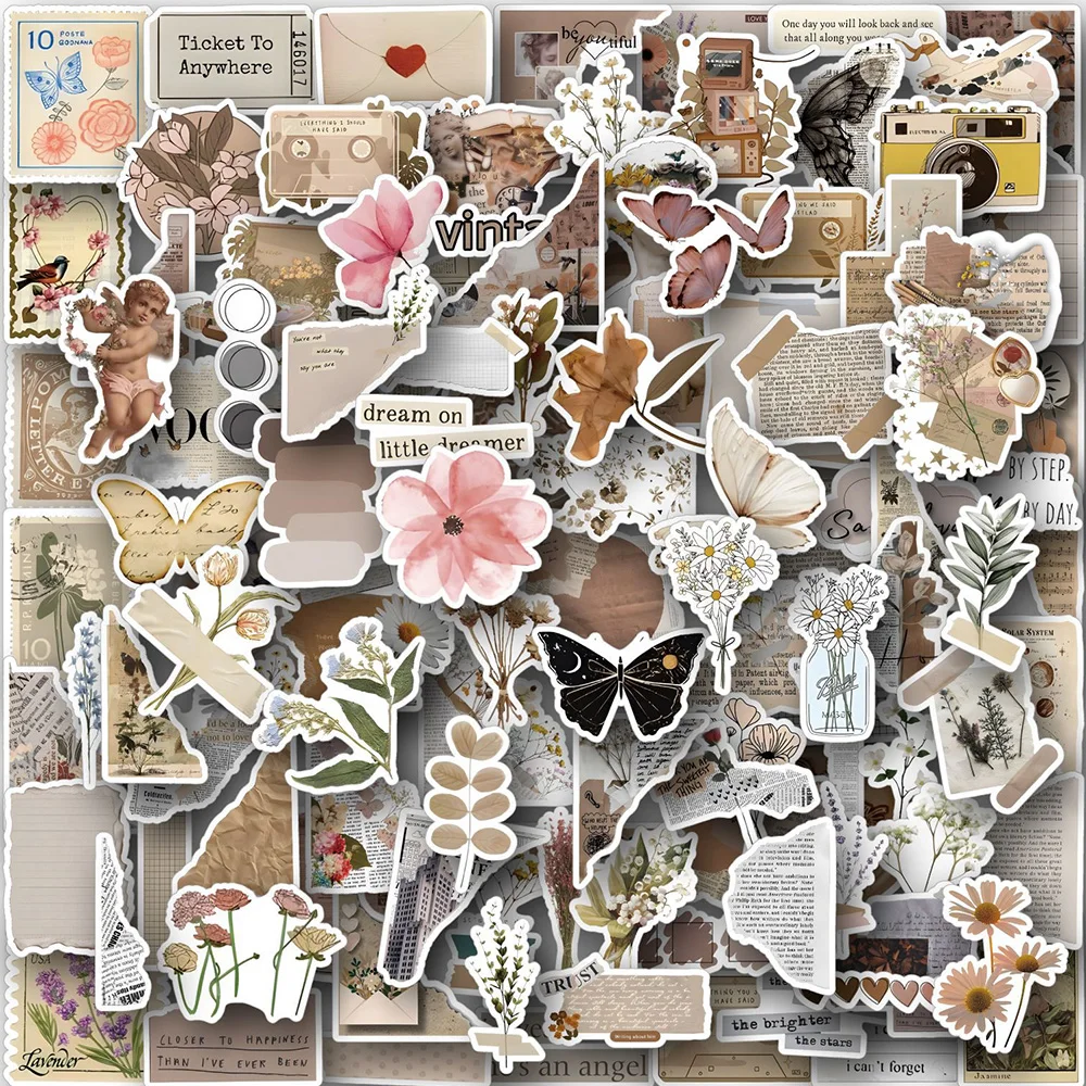 10/30/60/120PCS Retro Art Flower Butterfly Aesthetic Stickers Vintage Decal Laptop Phone Luggage Scrapbook Car Graffiti Sticker 4 rolls stickers stamps and washi tape paper literature scrapbook retro diy album travel