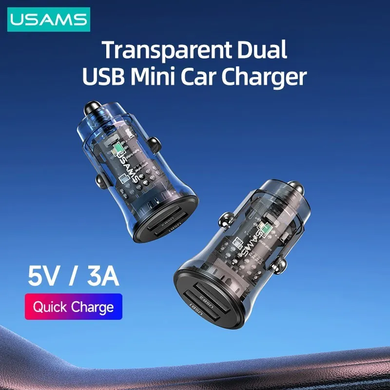 

USAMS 15W 5V 3A Dual USB Car Charger Mini Car Quick Charger With Blue Ambient Light For iPhone 13 12 iPad Huawei Samsung Xiaomi