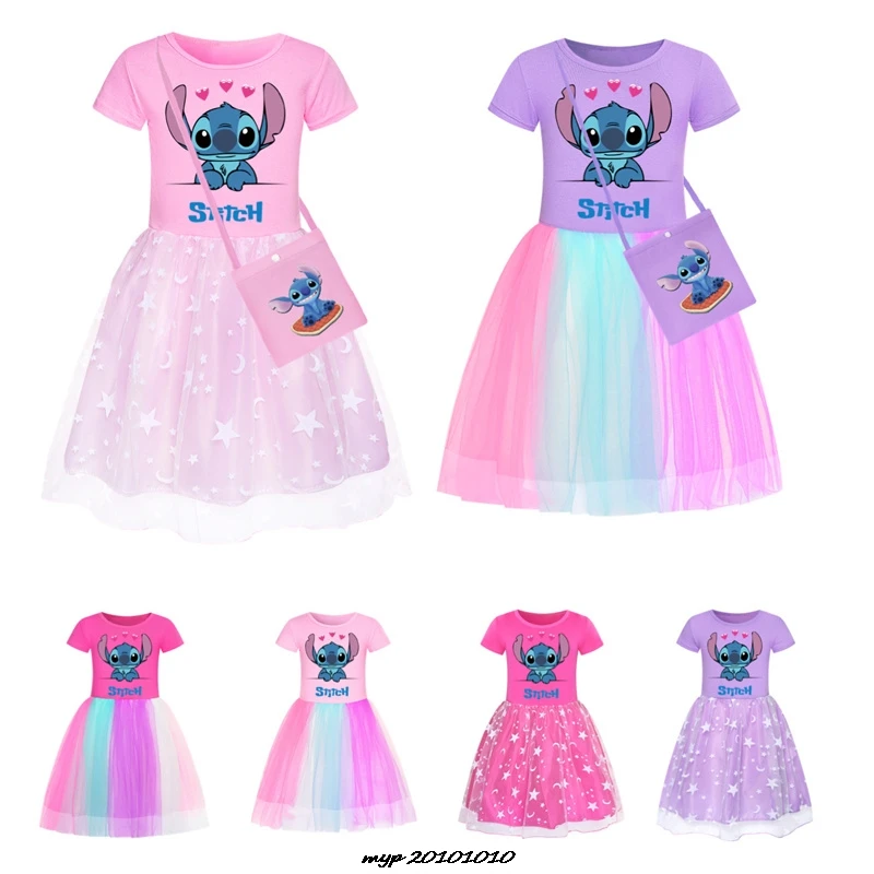 2-10Y Cartoon Lilo And Stitch Dress Girls Abiti Casual A Maniche Corte Con Borsa Piccola Abiti Estivi Per Bambini Abiti In Pizzo Per Bambini