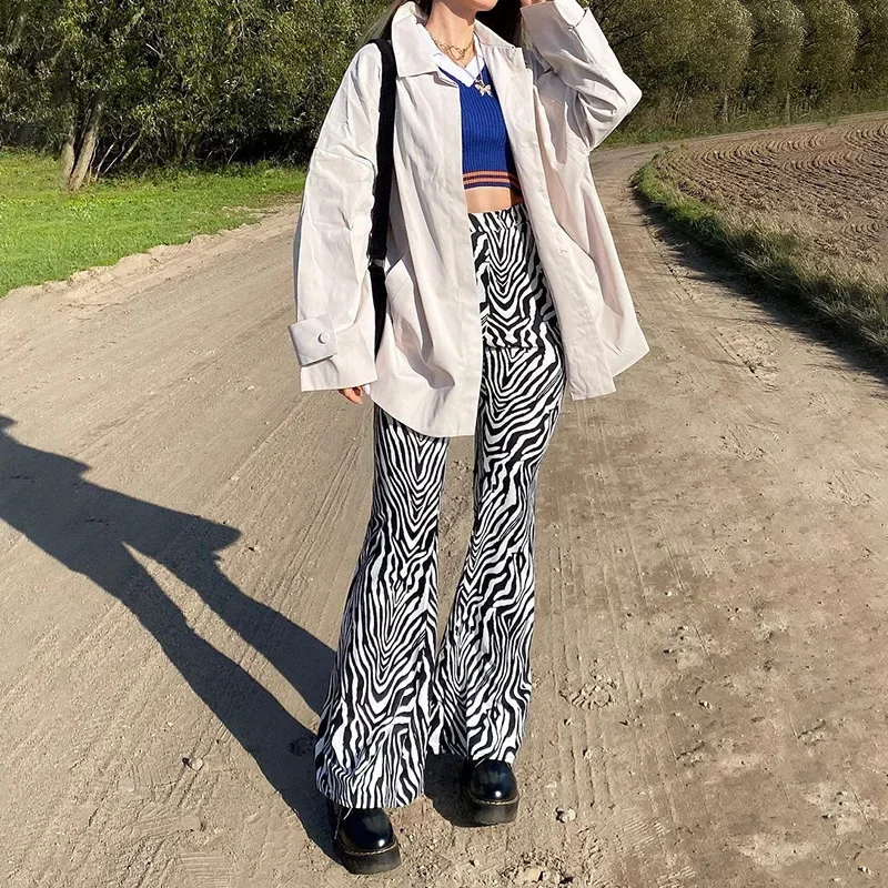 2024 New Autumn New Elastic Waist Zebra Print Elastic Casual Micro Flare Pants Women Sweatpants Casual Streetwear Y2K