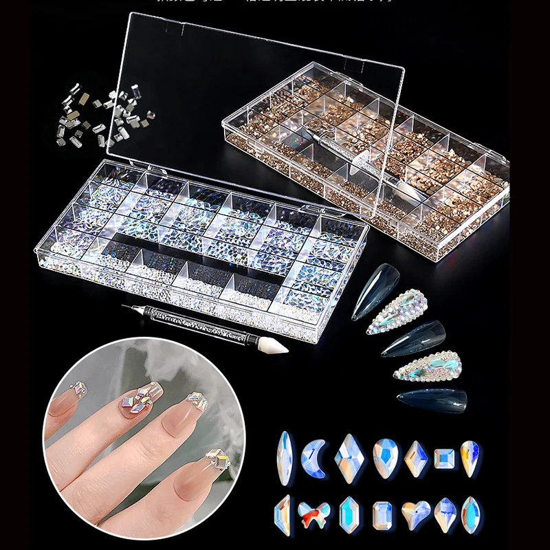 Luxury Shiny Diamond Nail Art Rhinestones Kit Glass Crystal Decorations Set  1pcs Pick Up Pen In Grids Box 21 Shapes of 2500pcs - AliExpress