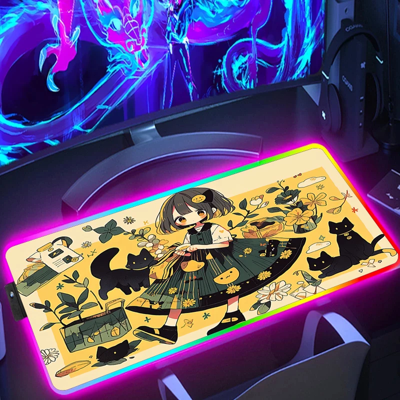 

RGB Large Oil Painting Style Girl Mouse Pad Big Desk Mat Pc Keyboard Gaming LED Mousepad XXL Office Computer Non-slip Mousepads