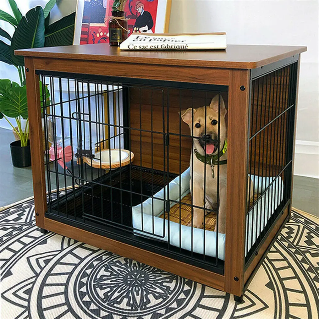 Wooden and Metal Pet Cage, Dog Crate, End Table Furniture, Double