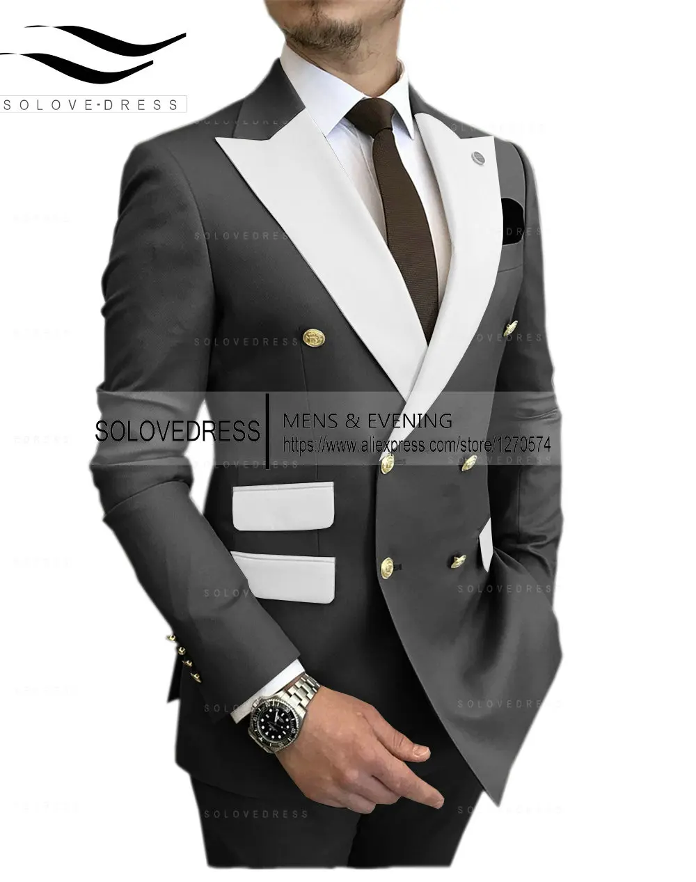 Gentleman Double Breasted Peak Lapel Blazer 2 Pieces Mens Suit With Pants Formal Khaki Beige  Jacket For Wedding Groom Tuxedos