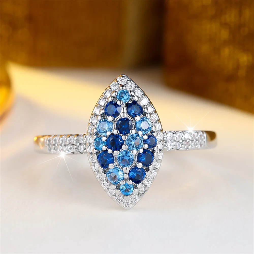 Aqua Blue Crystal Zircon Marquise Rings For Women Vintage Silver Color Engagement Ring Wedding Jewelry Bridal Versatile Gifts