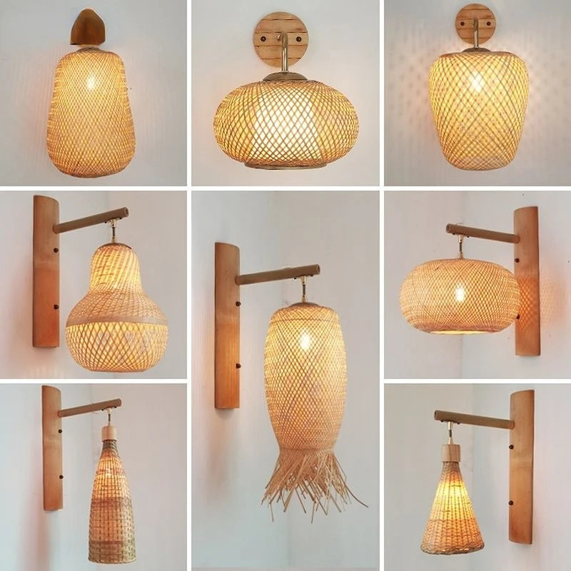 Bamboo Rattan Decor Wall Lamp LED E27 Bedroom Bedside Lights New