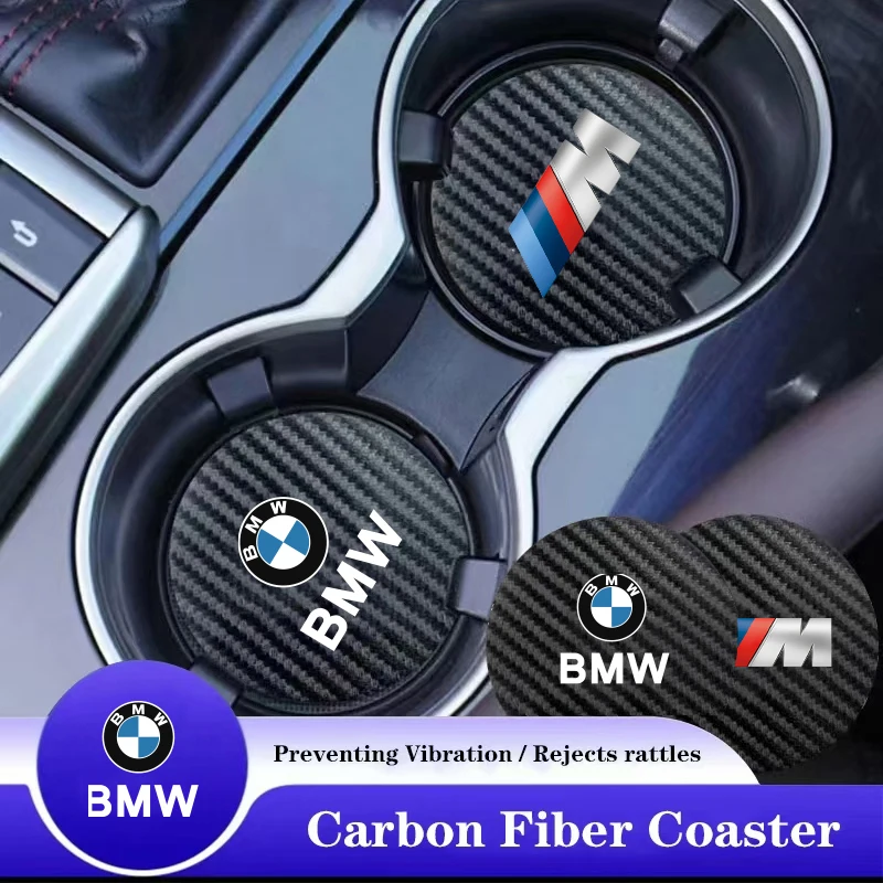 Lot de 2 sous-verres de style voiture en fibre de carbone, tapis antidérapants pour porte-gobelets, accessoires pour BMW Séries 1 2 3 5 7 X1 X2 X3 X4 X5 X6 G20 G30