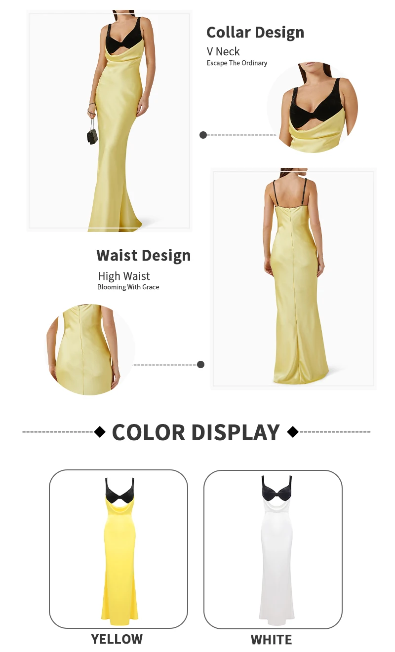 PB Sexy Satin-Slip-langes Kleid mit kontrastierendem Bustier-Detail, gelb und weiß, ärmellos, rückenfrei, Schlitz, Meerjungfrau-Damenkleider – Detail 2