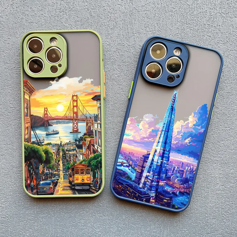 World Travel City Urban Architecture Handbemalte Handyhülle für iPhone 17 16 15 Pro Max Plus 13 12 Mini 14 11 Pro Max XR Cover – Detail 17