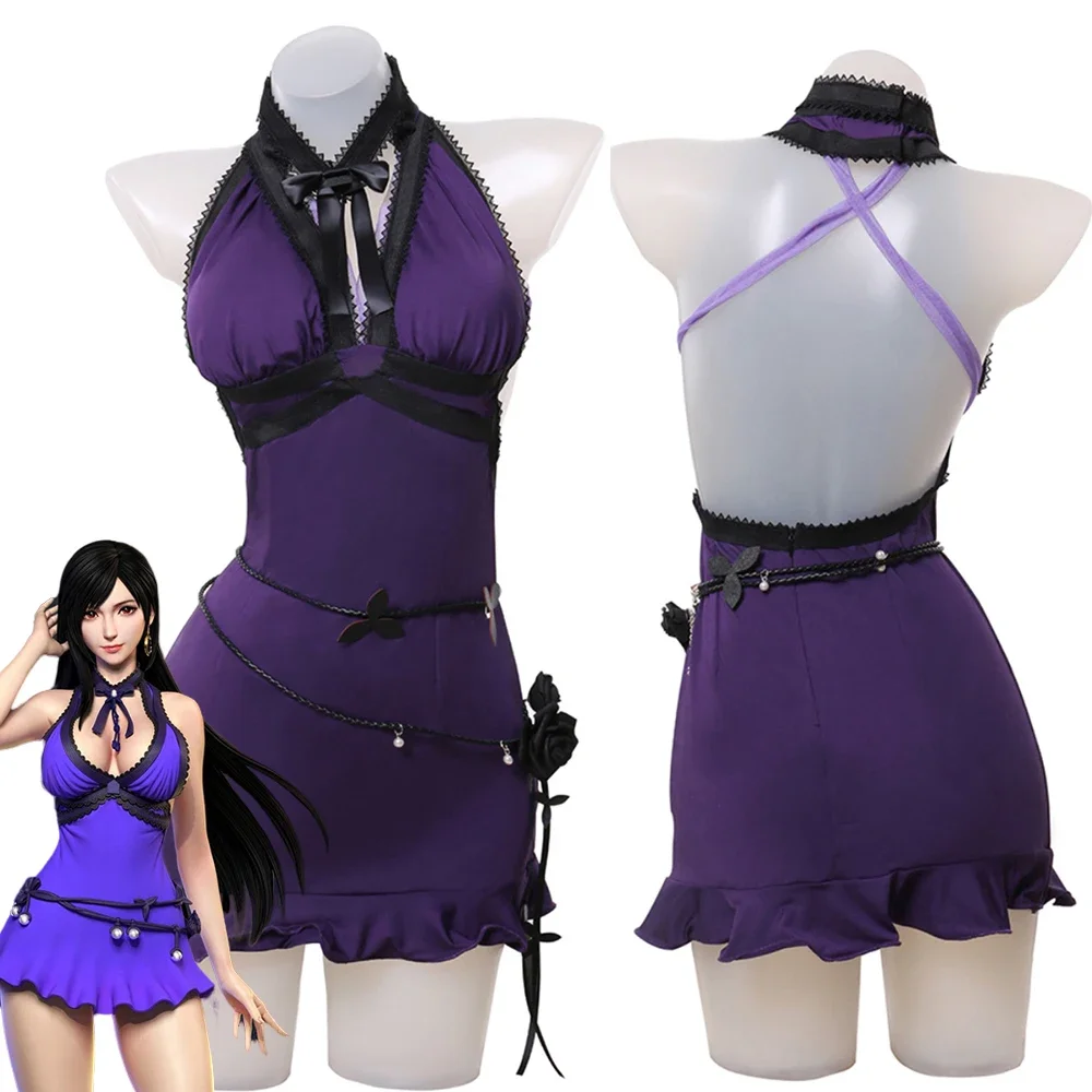 

New 2024 Game Final Fantasy VII Tifa Lockhart Cosplay Costume Women Purple Dress Sexy Uniform Halloween Carnival Party Clothes