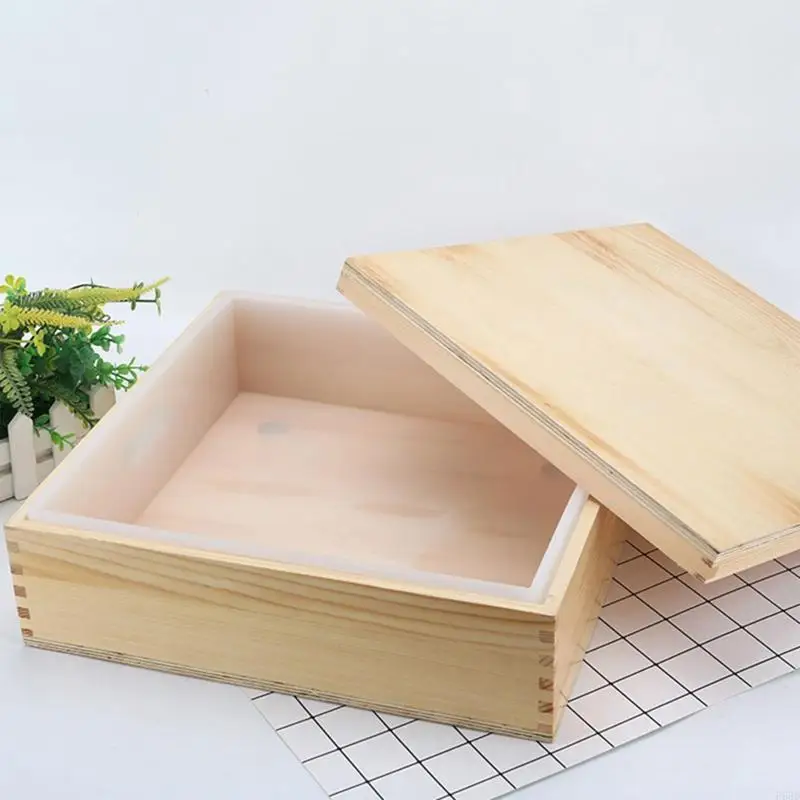 F68D Flexible Square Soap Loaf Mold with Wooden Box & Wooden Lids Silicone Soap Mold