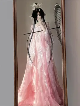 A female Hanfu worker with large embroidered sleeve and chest-length chekhozi dress the deputy team leader is ethereal