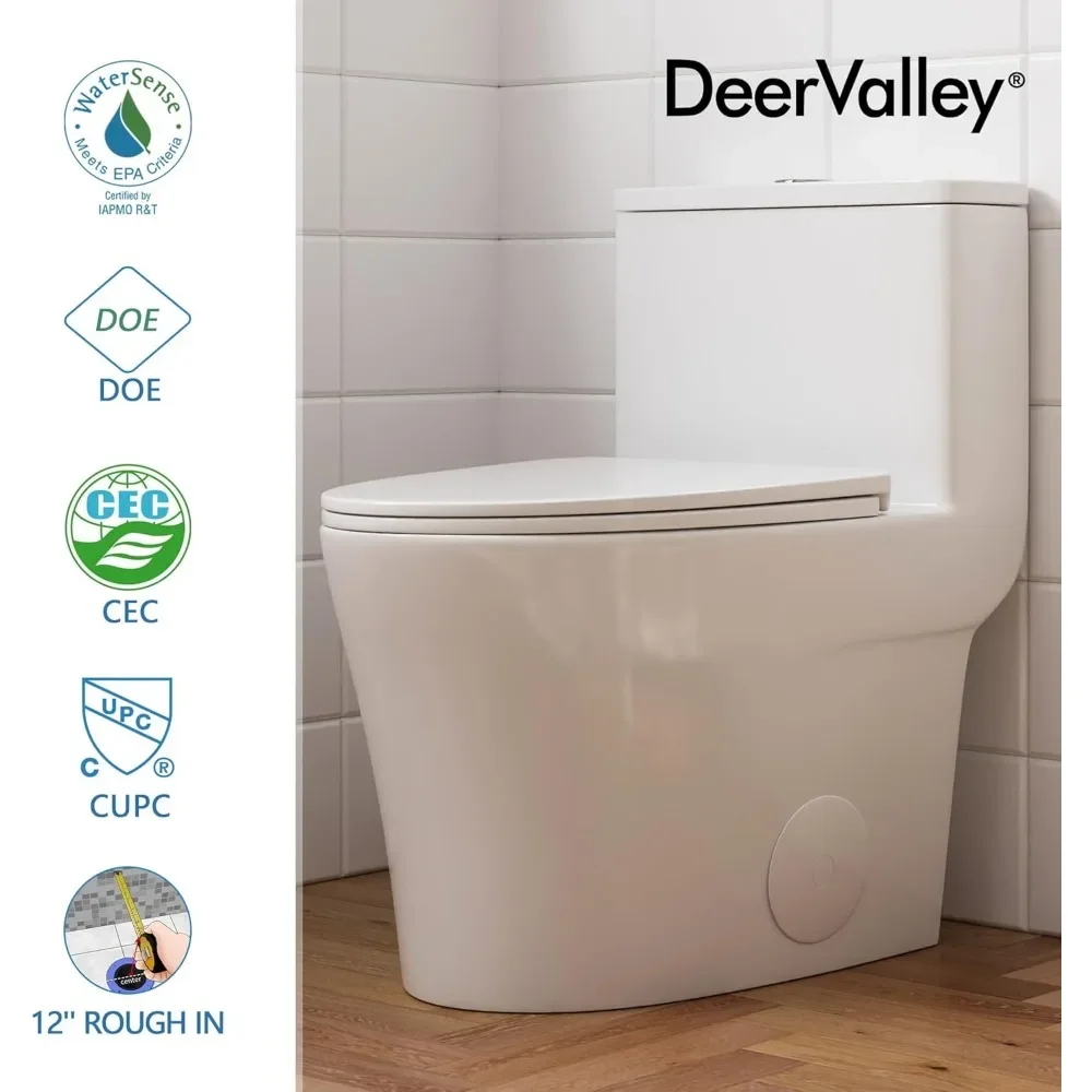 NEW-DeerValley Compact One Piece Toilet Elongated, Modern Toilet with Soft Close Seat Ceramic Glossy for Small Bathroom Space
