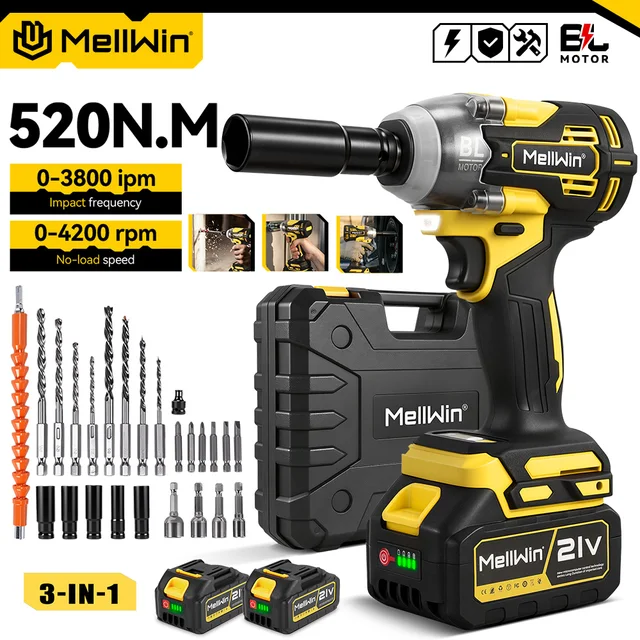 MELLWIN – ensemble de perceuses électriques sans balais 520N·m, clé à chocs électrique 3 en 1, tournevis, outil électrique pour batterie Makita 18V 1
