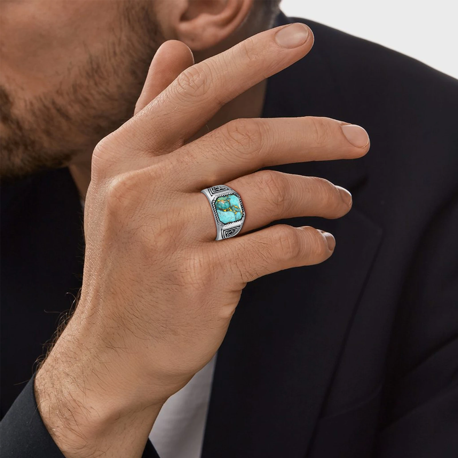 Luxury 925 Sterling Silver Men's Ring Sparkling Square Celtic Knot Flat Cut 11mm Green Nano Engagement Party Plata Ring Stamps