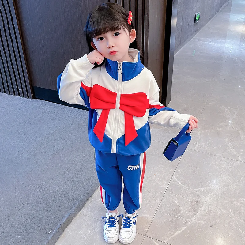 

Girls Suit 2022 Spring New Children Coat Pants Foreign Style Sportswear Fashionable 2 Piece Set Patchwork Casual MULTI Autumn