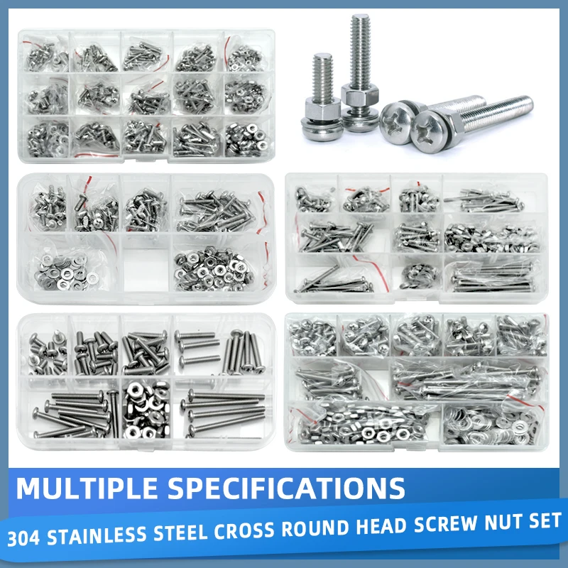 Machine Screw Assortment Kit #6-32 #8-32 #4-40 Phillips Pan Head Bolt and Nut with Flat washer 304 Stainless Steel Bolt set