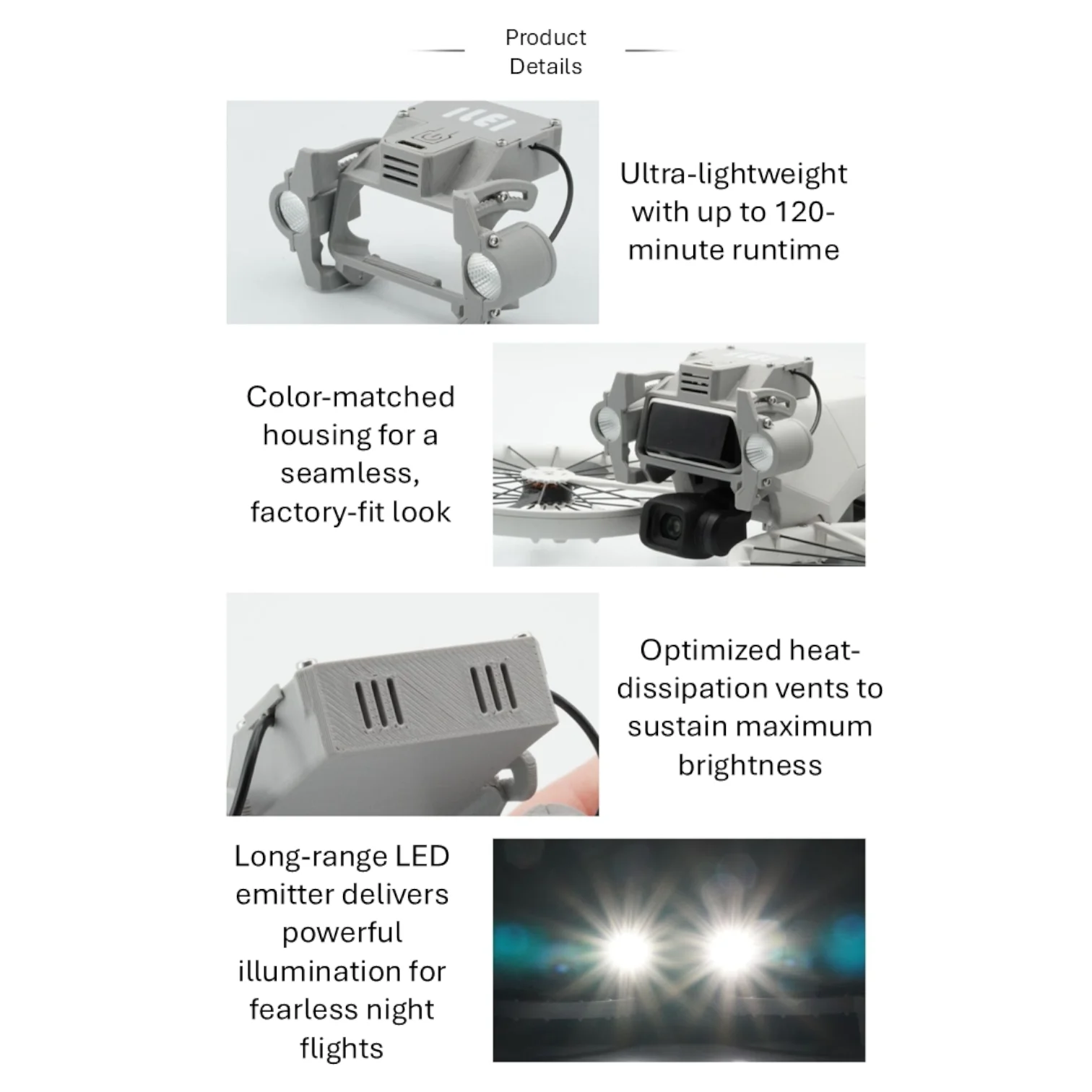 Drone équipé du kit d'éclairage DJI Flip 900LM en vol de nuit, visibilité optimale