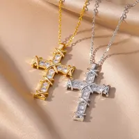 Fashion Zircon Cross Pendant Necklace For Women Man Gold Plated Stainless Steel Clavicle Chain Necklaces Trend Couple Jewelry - Image 3