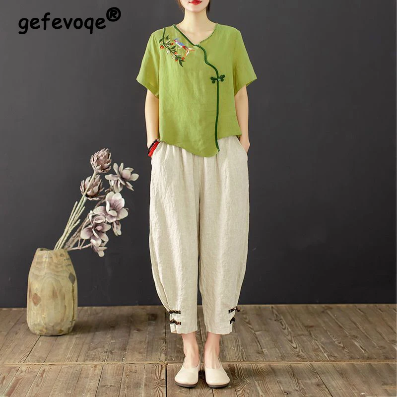 

Summer New Ethnic Style Vintage Embroidery Short Sleeve Shirt High Waist Harem Pants Suit Ladies Loose Casual Cotton Linen Set