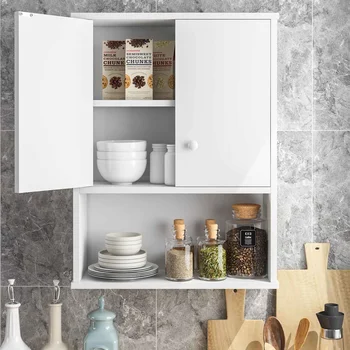 3 Shelves White Wall Mount Bathroom Cabinet with 2 Doors Shelves Medicine Cabinet Kitchen Storage Organizer Wall Mounted